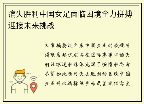 痛失胜利中国女足面临困境全力拼搏迎接未来挑战
