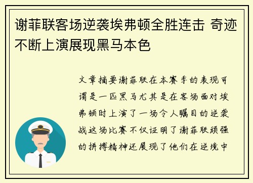 谢菲联客场逆袭埃弗顿全胜连击 奇迹不断上演展现黑马本色