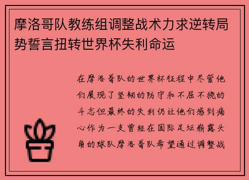 摩洛哥队教练组调整战术力求逆转局势誓言扭转世界杯失利命运