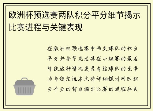欧洲杯预选赛两队积分平分细节揭示比赛进程与关键表现