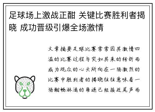 足球场上激战正酣 关键比赛胜利者揭晓 成功晋级引爆全场激情