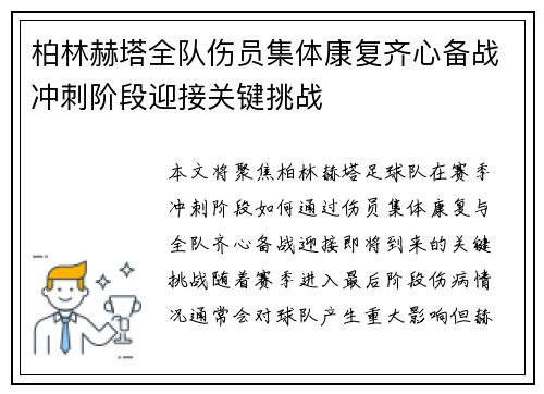 柏林赫塔全队伤员集体康复齐心备战冲刺阶段迎接关键挑战