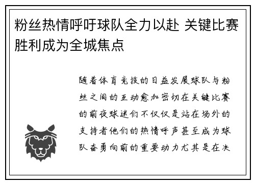 粉丝热情呼吁球队全力以赴 关键比赛胜利成为全城焦点