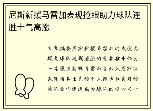 尼斯新援马雷加表现抢眼助力球队连胜士气高涨