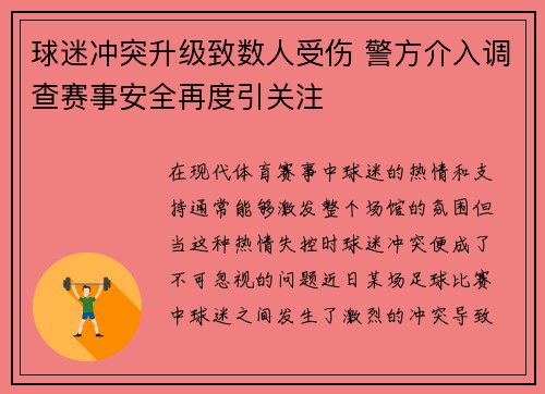 球迷冲突升级致数人受伤 警方介入调查赛事安全再度引关注