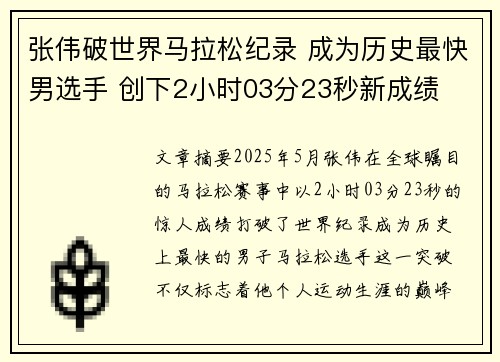 张伟破世界马拉松纪录 成为历史最快男选手 创下2小时03分23秒新成绩